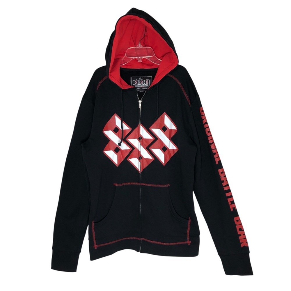 OBG Original Battle Gear Cotton Black Red White Sweatshirt Full Zipper Hooded L